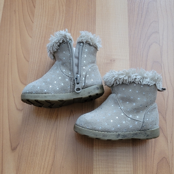 Cat&Jack Toddler Girls Boots Sz 4 Tan Suede like Side Zip Pull on Shoes Faux Fur - Picture 2 of 12